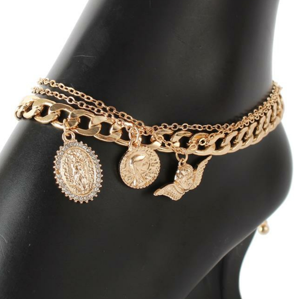 Gold Chain Religious Pendant Layered Anklet Metal Virgin Mary Angel Coin Charms